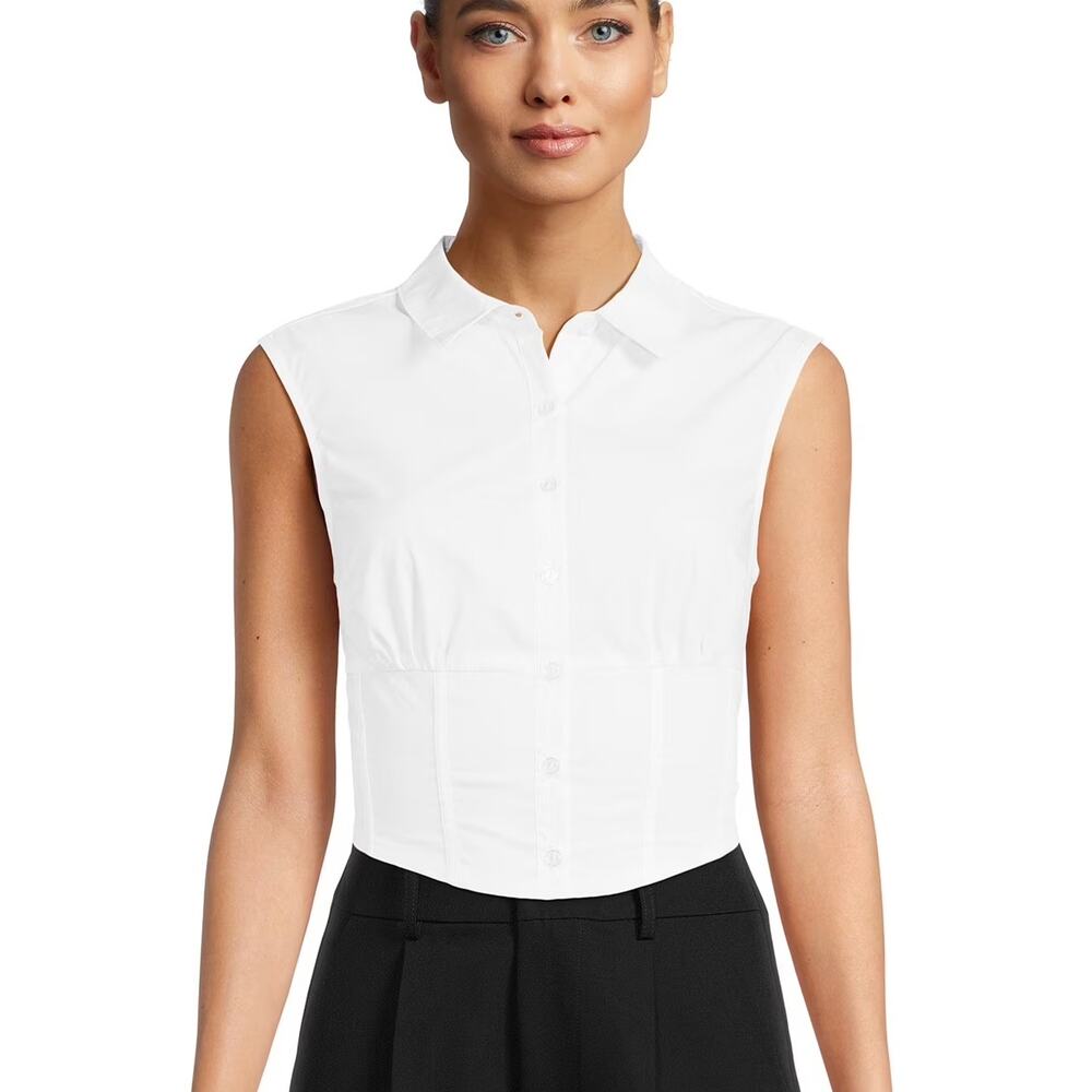 Madden NYC Cropped Button Front Blouse Top XL White Sleeveless Collared Smocked